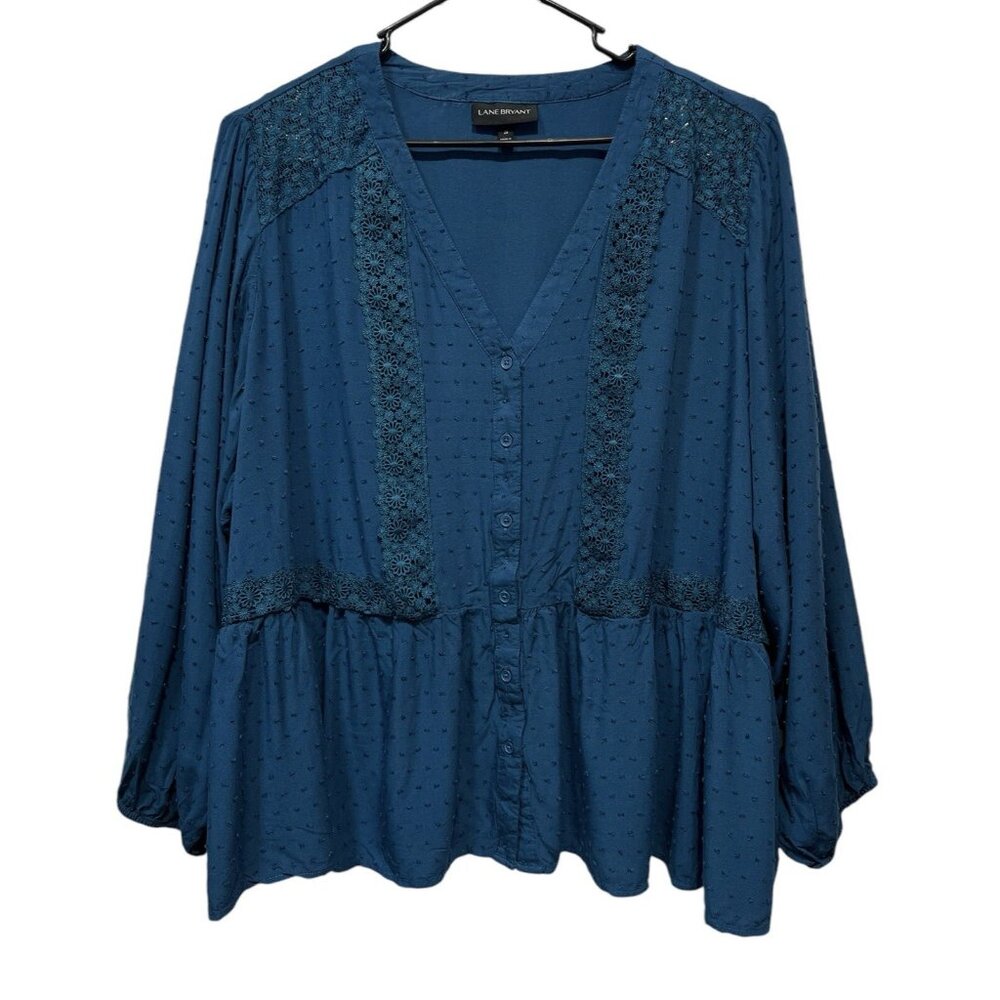 Lane Bryant Boho Peasant Shirt V Neck Button Lace Blue Plus Size 28 Top